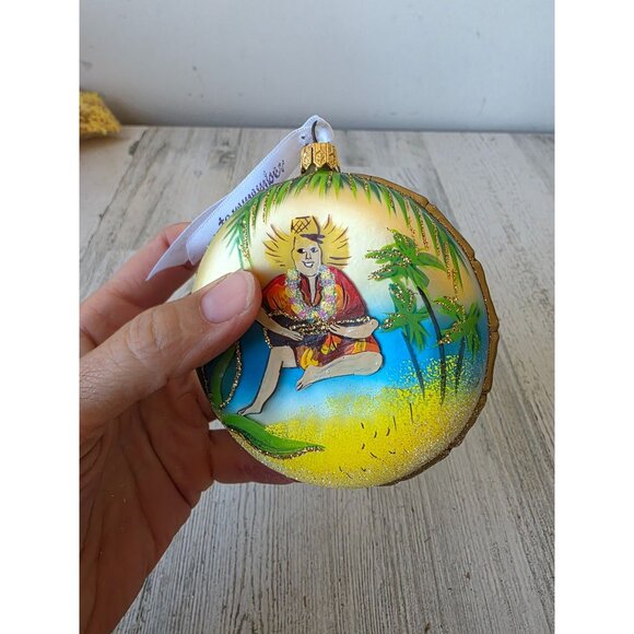 Hawaiian bird of paradise guitar coin glass ornament remember gold glitter Xmas - Picture 6 of 6